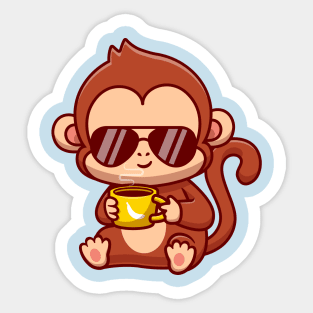 Cute Cool Monkey Drink Coffee Cartoon Sticker